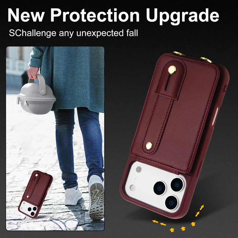 erorex For iPhone 17 Pro Max Wristband Vertical Flip Wallet Back Cover Phone Case with Long Lanyard(Wine Red) - Image 3