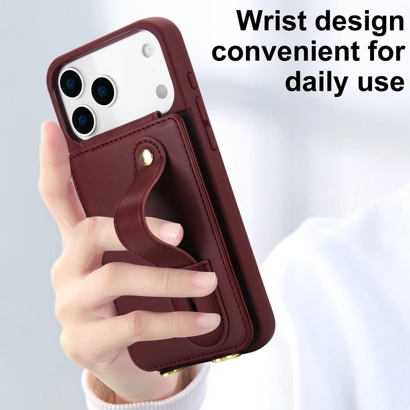 erorex For iPhone 17 Pro Max Wristband Vertical Flip Wallet Back Cover Phone Case with Long Lanyard(Wine Red) - Image 2