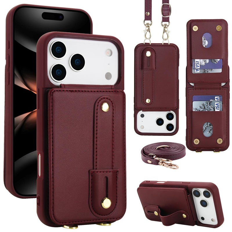 erorex For iPhone 17 Pro Max Wristband Vertical Flip Wallet Back Cover Phone Case with Long Lanyard(Wine Red) - Image 1