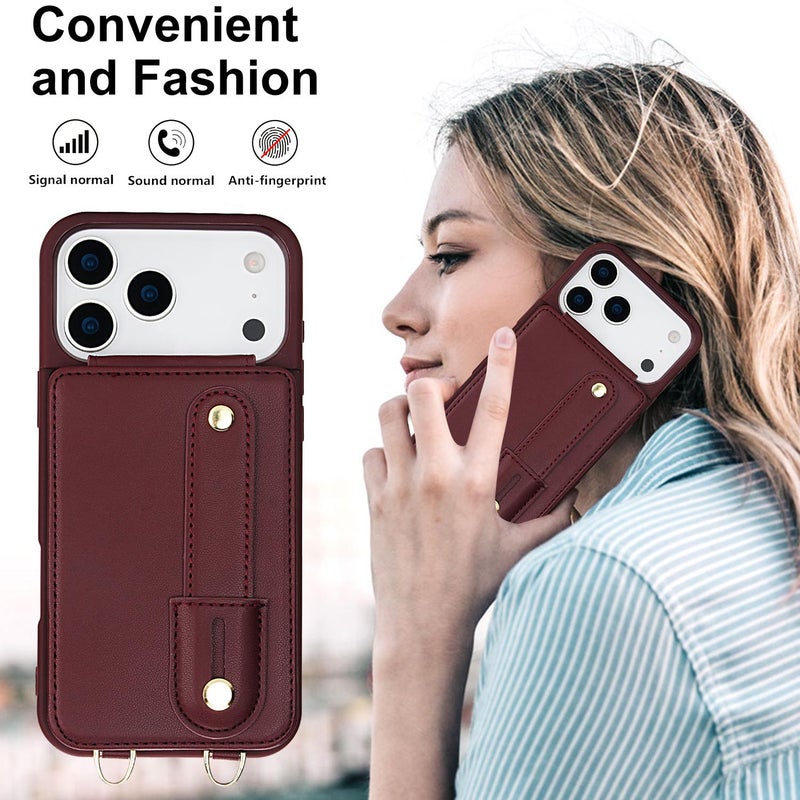 erorex For iPhone 17 Pro Max Wristband Vertical Flip Wallet Back Cover Phone Case with Long Lanyard(Wine Red) - Image 5