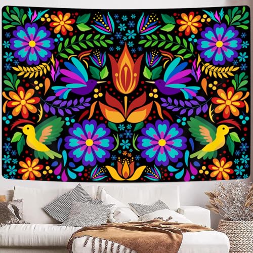 GOAOK Mexican Tapestry, Cute Bright Colorful Ethnic Floral Birds Butterfly Pattern Boho Tapestry, Mexican Embroidery Style Trippy Hippie Aesthetic Tapestries for Bedroom Living Room Dorm 60"x40", Black - Image 3