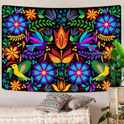 GOAOK Mexican Tapestry, Cute Bright Colorful Ethnic Floral Birds Butterfly Pattern Boho Tapestry, Mexican Embroidery Style Trippy Hippie Aesthetic Tapestries for Bedroom Living Room Dorm 60"x40", Black - Image 2
