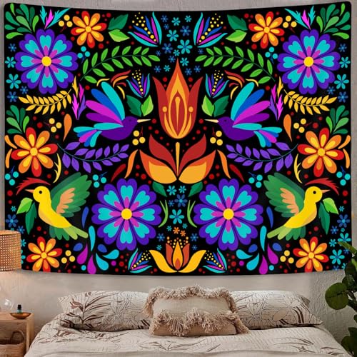 GOAOK Mexican Tapestry, Cute Bright Colorful Ethnic Floral Birds Butterfly Pattern Boho Tapestry, Mexican Embroidery Style Trippy Hippie Aesthetic Tapestries for Bedroom Living Room Dorm 60"x40", Black - Image 4
