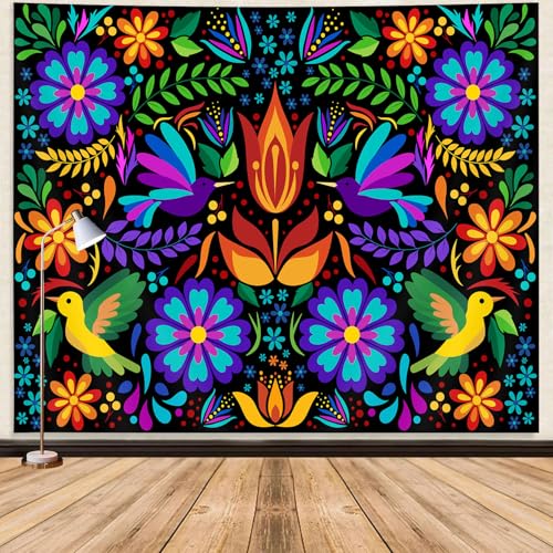 GOAOK Mexican Tapestry, Cute Bright Colorful Ethnic Floral Birds Butterfly Pattern Boho Tapestry, Mexican Embroidery Style Trippy Hippie Aesthetic Tapestries for Bedroom Living Room Dorm 60"x40", Black - Image 1