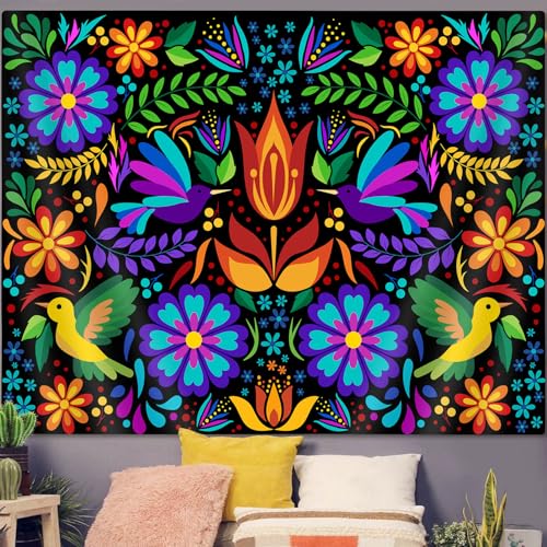 GOAOK Mexican Tapestry, Cute Bright Colorful Ethnic Floral Birds Butterfly Pattern Boho Tapestry, Mexican Embroidery Style Trippy Hippie Aesthetic Tapestries for Bedroom Living Room Dorm 60"x40", Black - Image 5