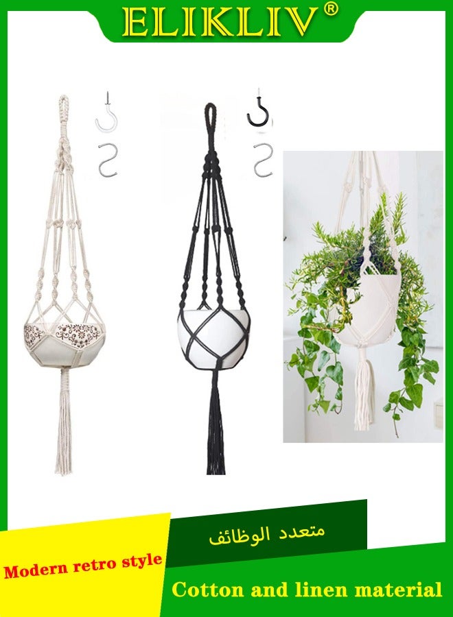 ELIKLIV Fashionable bohemian hand-knitted hanging basket, vintage hand-woven hanging basket, cotton and linen, handmade, indoor and outdoor, durable, beautiful and multi-functional, home décor essential, 2pcs (black + white)  - Image 1