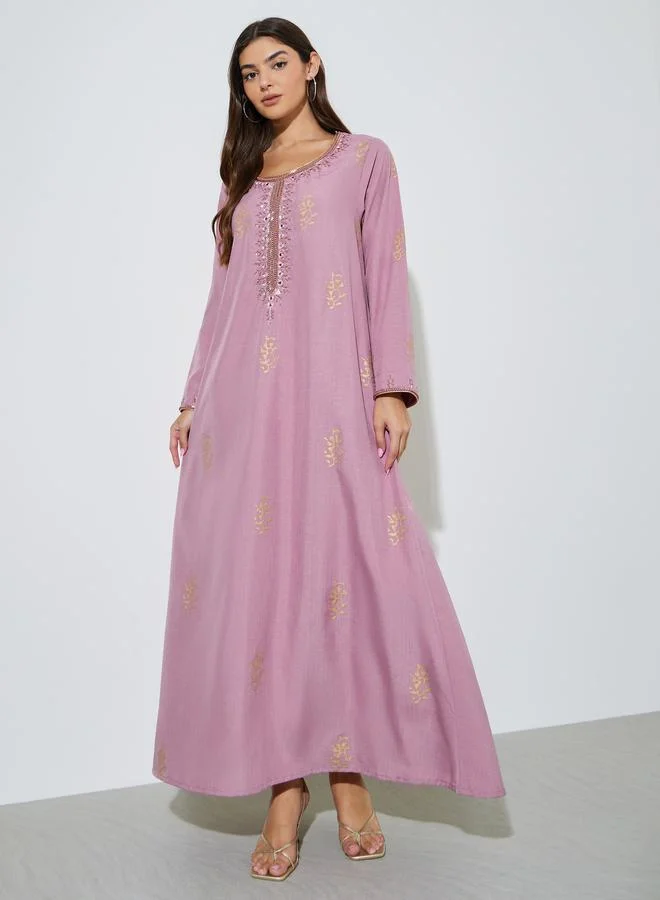 Pink Long Sleeves Round Neck Jalabiya with Gold Embroidery