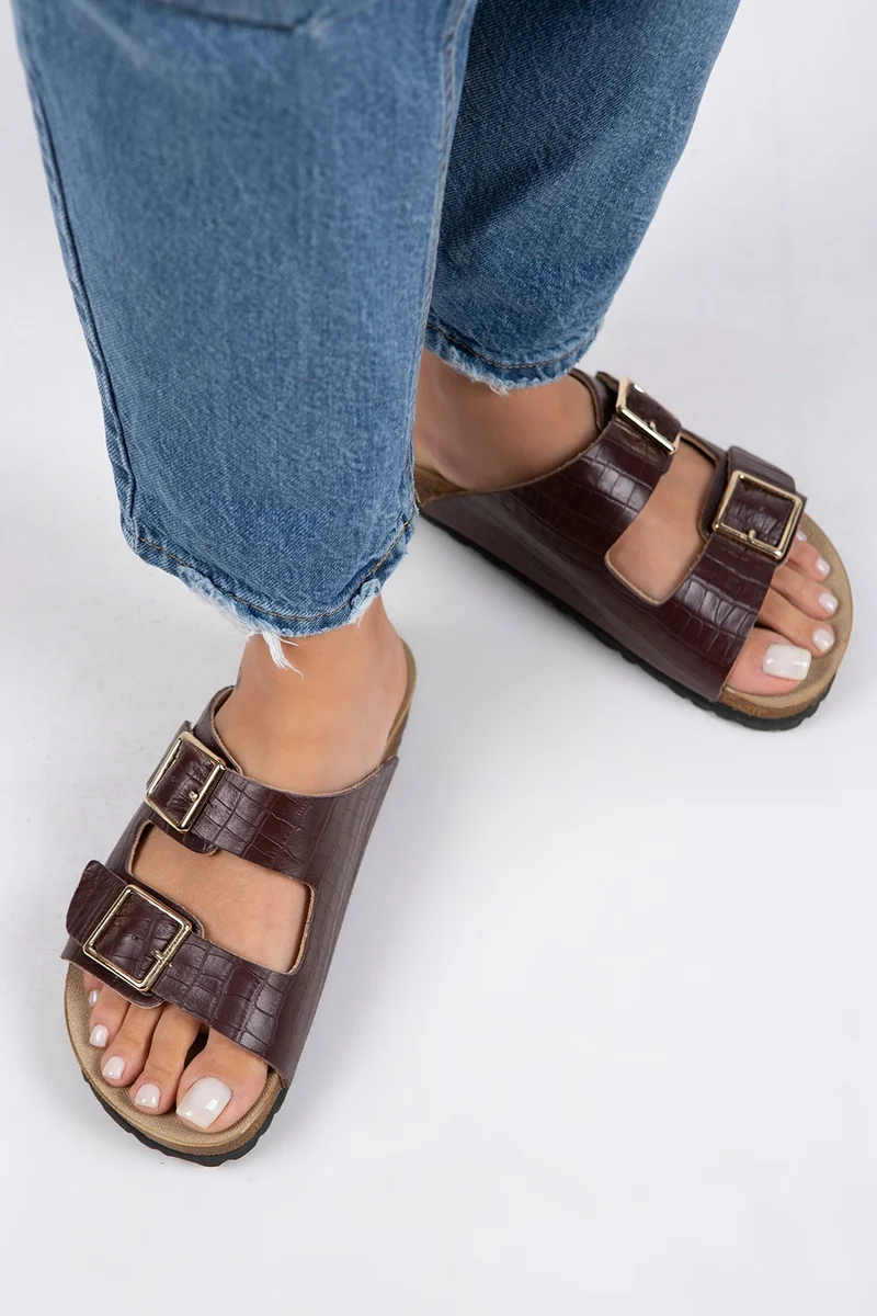 Manijero Manjero Croco Women's Genuine Leather Double Buckle Crocodile Burgundy Slippers