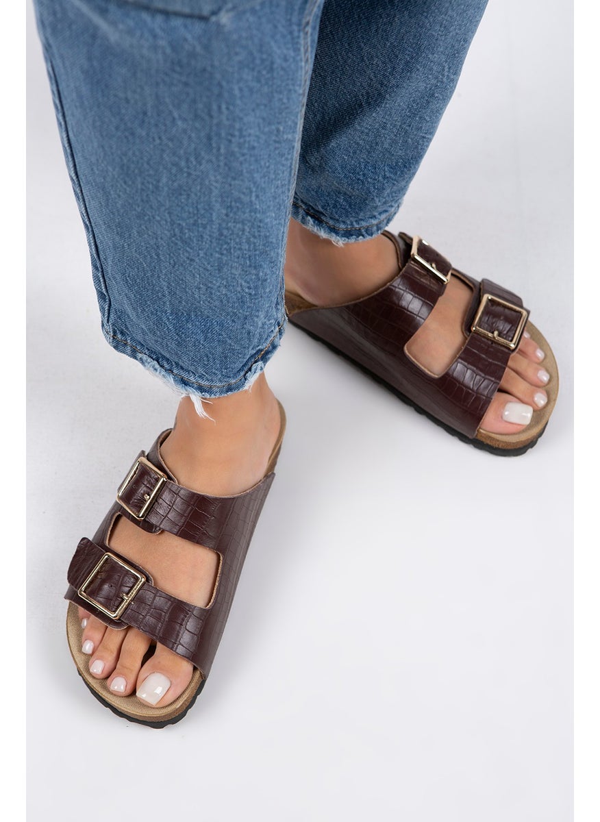 Manijero Manjero Croco Women's Genuine Leather Double Buckle Crocodile Burgundy Slippers  - Image 5