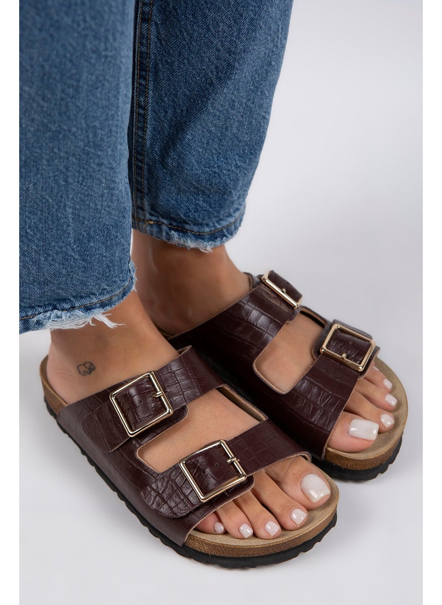 Manijero Manjero Croco Women's Genuine Leather Double Buckle Crocodile Burgundy Slippers  - Image 1