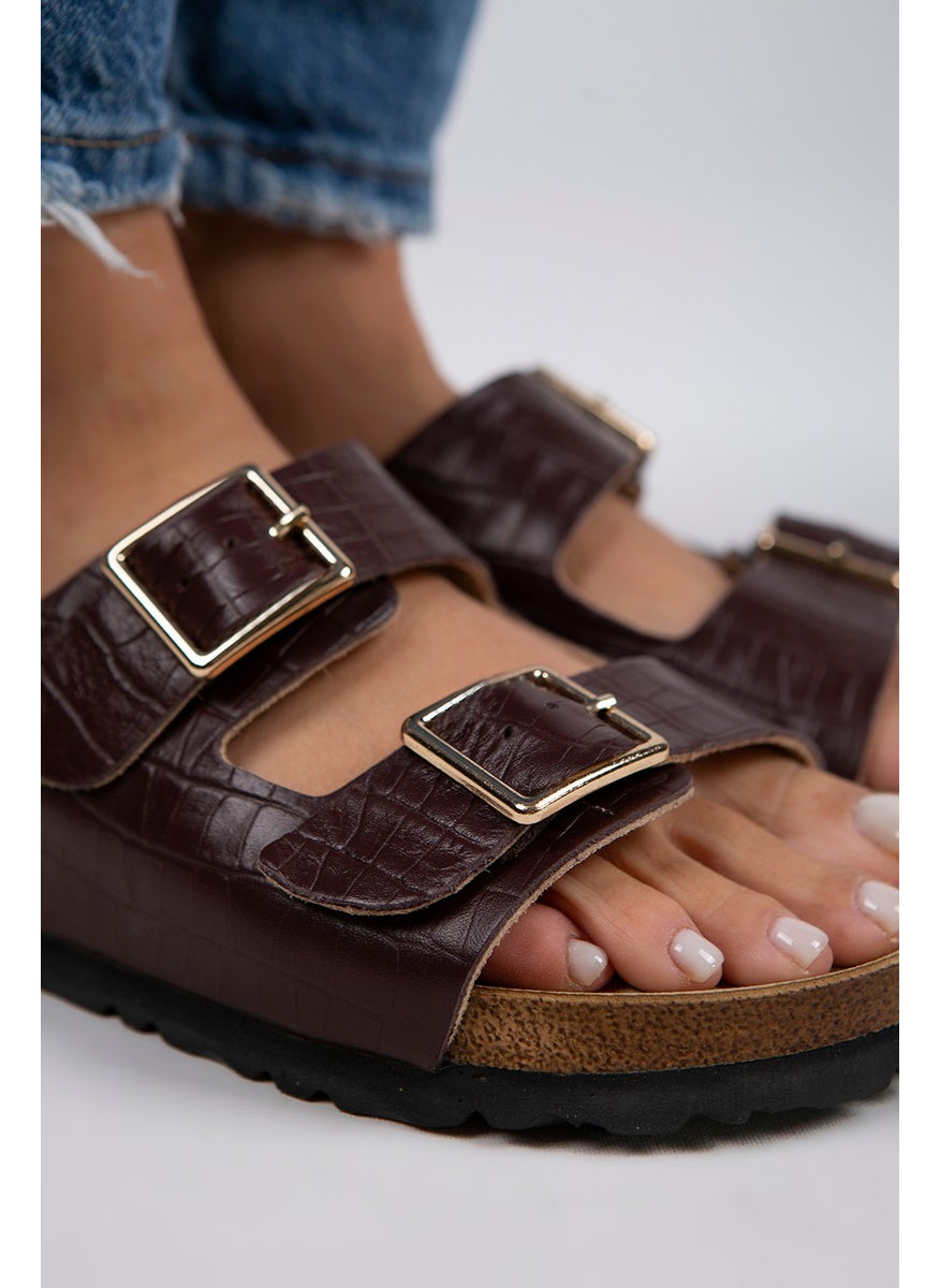 Manijero Manjero Croco Women's Genuine Leather Double Buckle Crocodile Burgundy Slippers  - Image 2