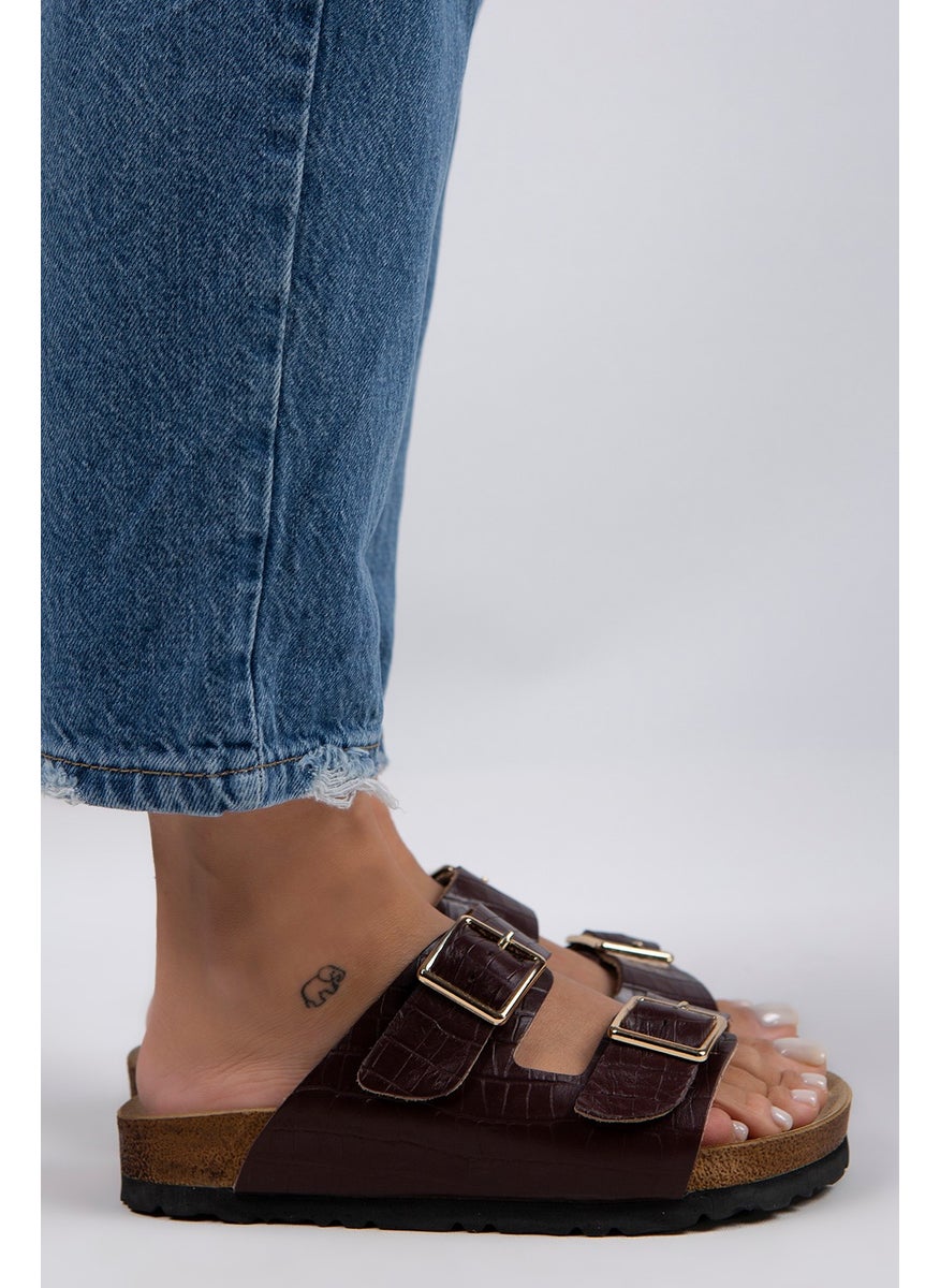 Manijero Manjero Croco Women's Genuine Leather Double Buckle Crocodile Burgundy Slippers  - Image 3