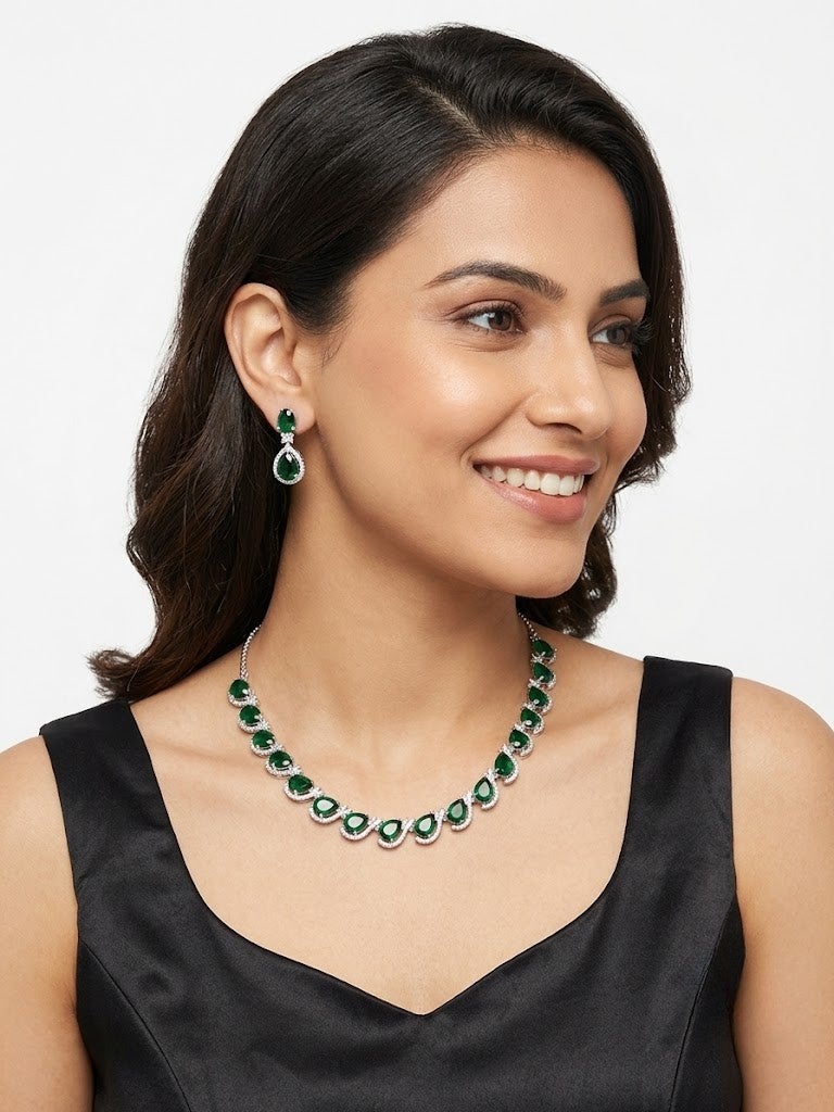 Viny Elegant American Diamond & Emerald Green Imitation Necklace Set for Women - Perfect for Parties, Weddings, & Festivals (Diwali, Eid) - Image 2
