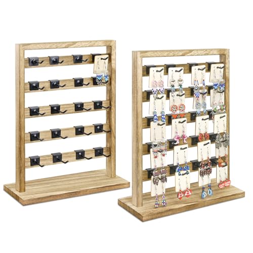 Ikee Design Free Assemble 2 Pcs Set Wooden Jewelry Display Rack with 20 Removable Metal Hooks/Each, Earring Display Holder Stand for Earring,Necklaces,Bracelet, Keychain Stand, Oak Color - Image 1