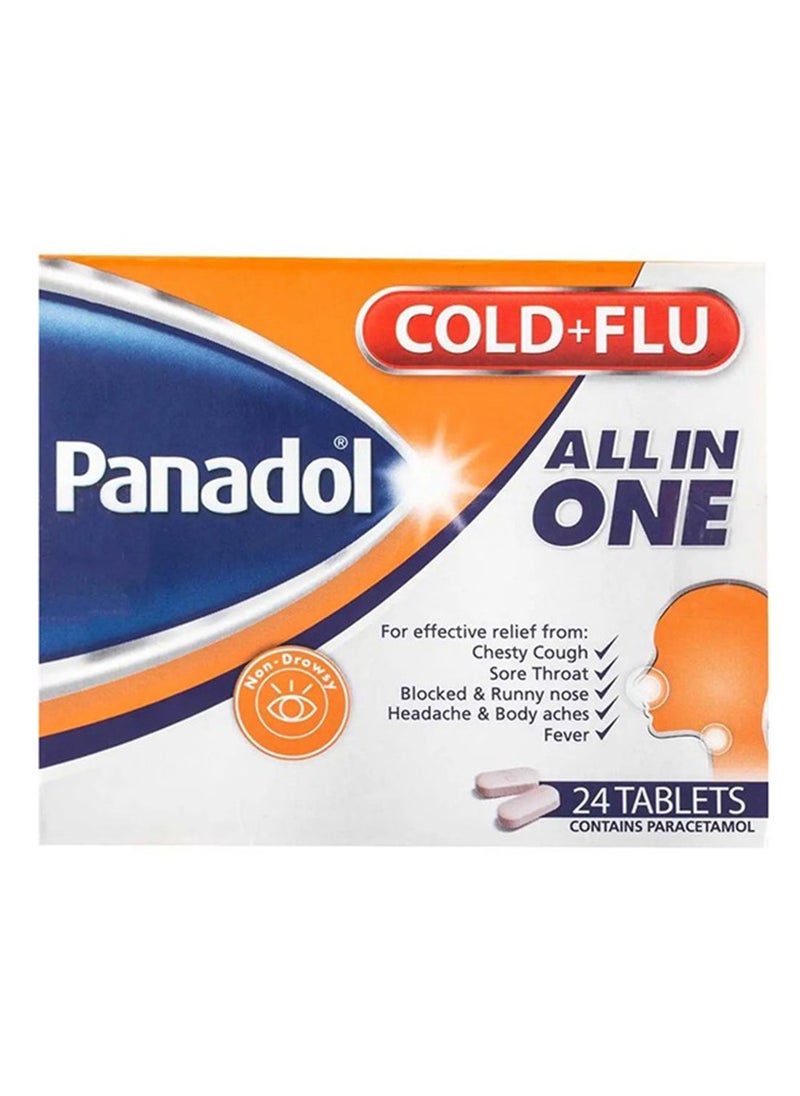 Panadol Cold and Flu All in One Chesty Cough Sore Throat Blocked and Runny Nose Body Pain Headache Fever Paracetamol 24 Tablet