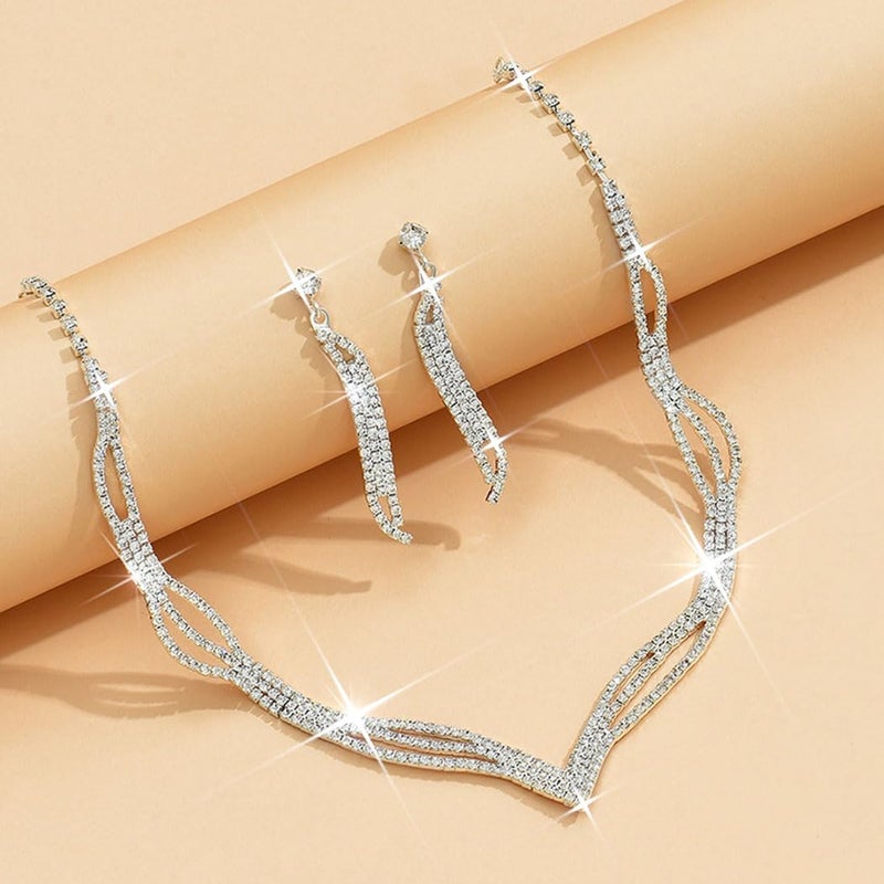 Unicra Wedding Jewelry Set Silver Rhinestone Necklace Earrings Set Prom Jewelry sets for Brides and Women - Image 3