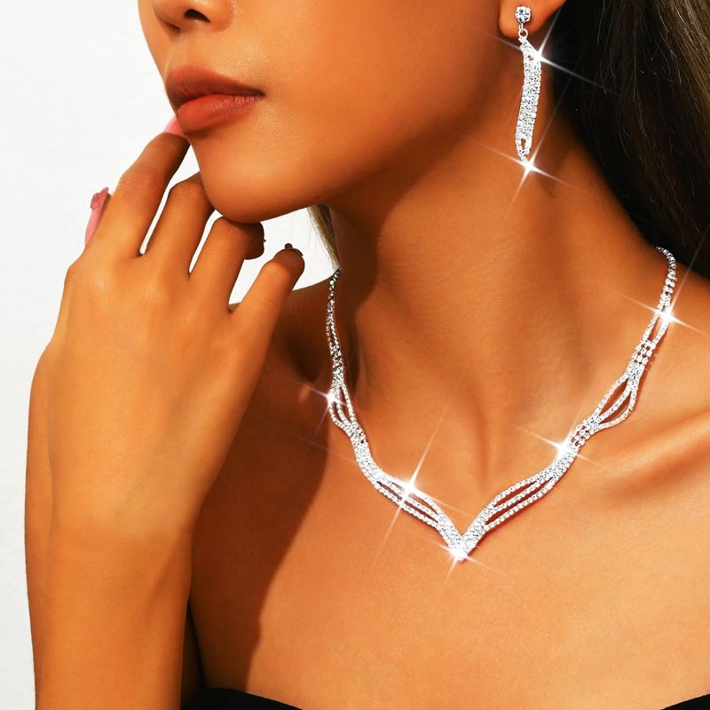Unicra Wedding Jewelry Set Silver Rhinestone Necklace Earrings Set Prom Jewelry sets for Brides and Women - Image 2