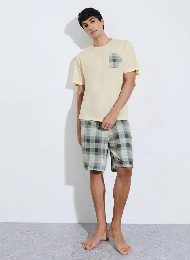Styli Multi-Color Checked Pocket T-Shirt and Checked Shorts Pyjama Set