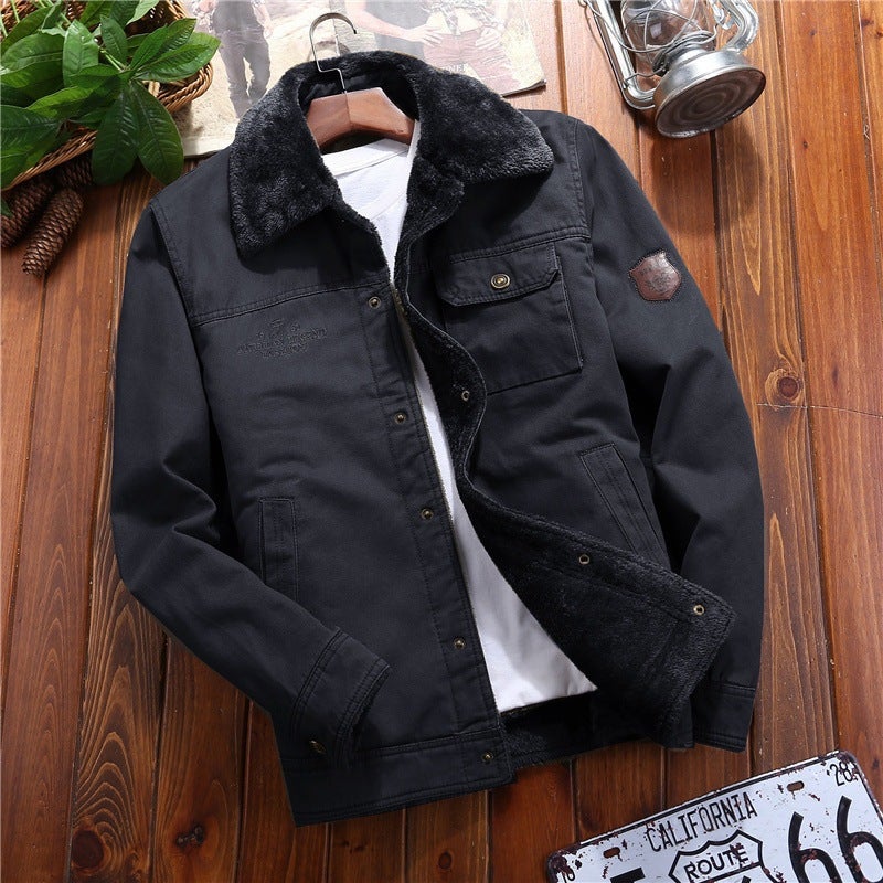 Mens Jacket Winter New fleece-lined Thickened Casual Warm Cashmere Jacket Middle-aged and Elderly Casual Overalls Cotton-padded Coat navy blue - Image 1