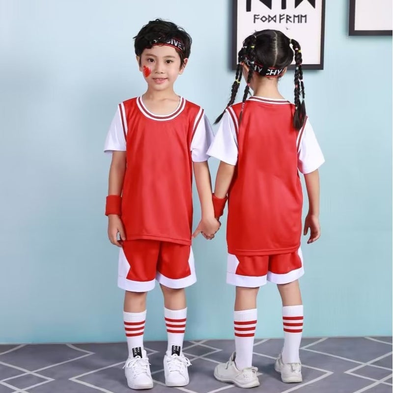 Children'S Fake Two-Piece Short-Sleeved Light Board Sportswear Suit For Primary And Secondary School Students Training Men'S And Women'S Basketball Jerseys With Competition Printing Numbers - Image 3
