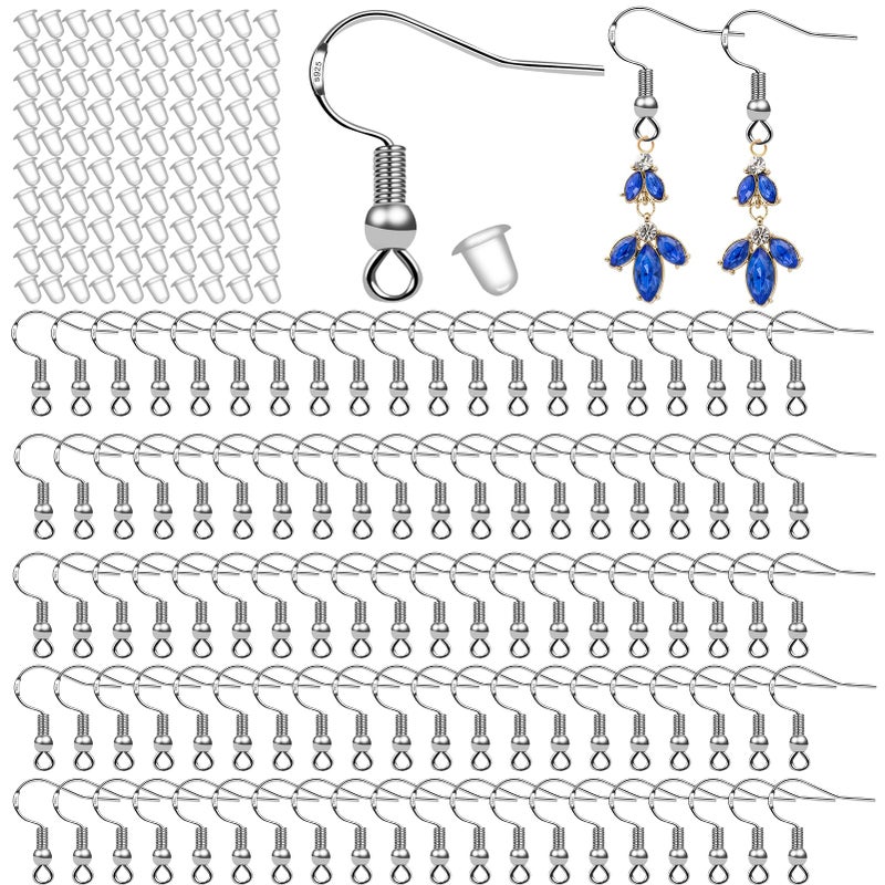 100 PCS50 Pairs 925 Sterling Silver Earring Hooks Fish Hook Ear Wires French Wire Hooks Hypoallergenic Jewelry Findings Earring Parts DIY Making with 100 PCS Clear Rubber Earring Safety Backs
