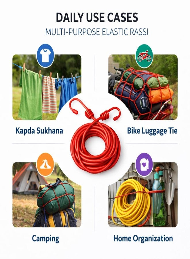 MORIXA All-Weather Elastic Cloth Drying Rope (Pack of 2-Multicolor Rope Without Clip) | Strong Stretchable Laundry Hanging Rope | Rust-Free Metal Hooks | Space-Saving Clothesline – Multicolor - Image 5