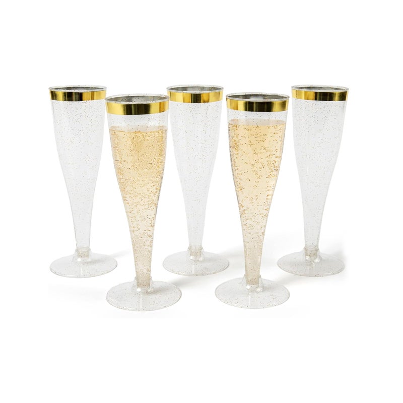 Prestee Set of 24 Plastic Champagne Flutes with Gold Rim  45 oz  Shatterproof Disposable Glasses for Weddings Cocktail Parties and Outdoor Celebrations