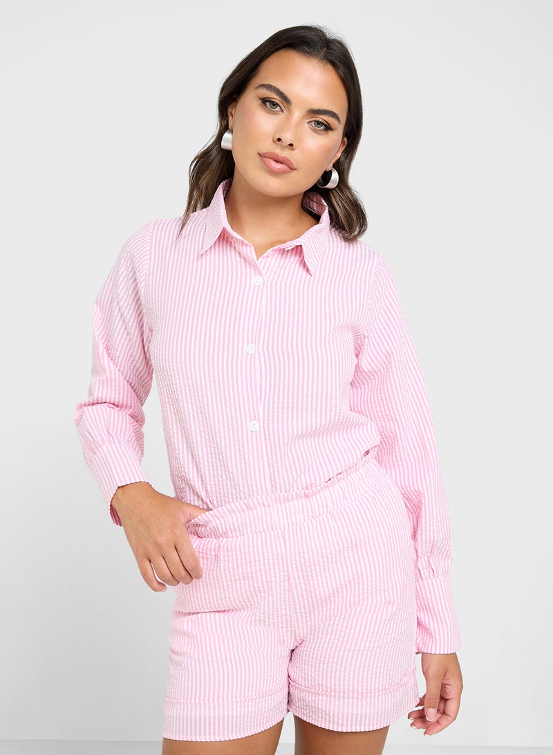 جينجر طقم قميص وشورت مخطط واسع من قماش السيرساكر - Image 3