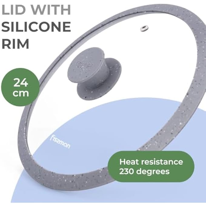 فيسمان غطاء زجاجي مقاس 24 سم مع حافة سيليكون للمقالي والأواني والمقالي، غطاء زجاجي شفاف، حافة سيليكون رخامية، مقبض سيليكون مقاوم للحرارة، غطاء زجاجي بديل - Image 3