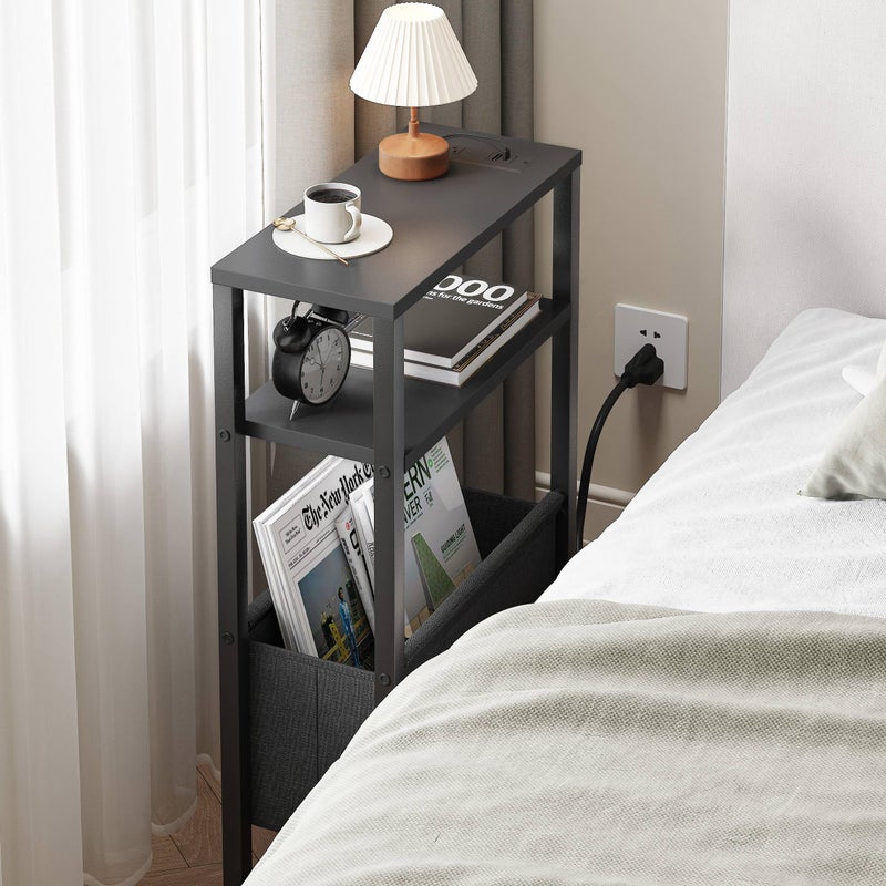 IRCPEN Narrow Side Table with Charging Station, Slim End Table with Magazine Rack, Bedside Table for Small Spaces, 3 Tier Sofa Couch Table Nightstand for Living Room, Bedroom, Black LET503BE - Image 5