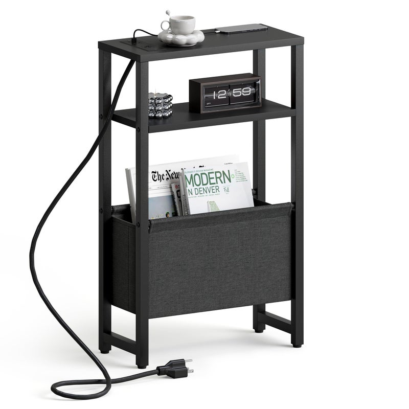 IRCPEN Narrow Side Table with Charging Station, Slim End Table with Magazine Rack, Bedside Table for Small Spaces, 3 Tier Sofa Couch Table Nightstand for Living Room, Bedroom, Black LET503BE - Image 1