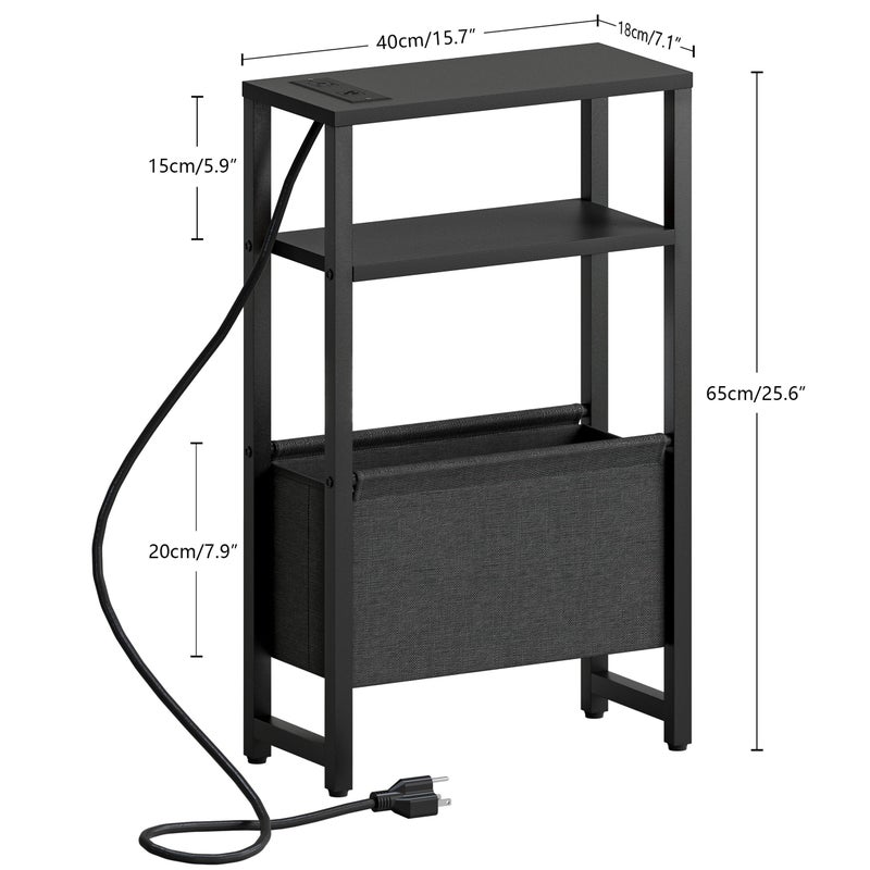 IRCPEN Narrow Side Table with Charging Station, Slim End Table with Magazine Rack, Bedside Table for Small Spaces, 3 Tier Sofa Couch Table Nightstand for Living Room, Bedroom, Black LET503BE - Image 3