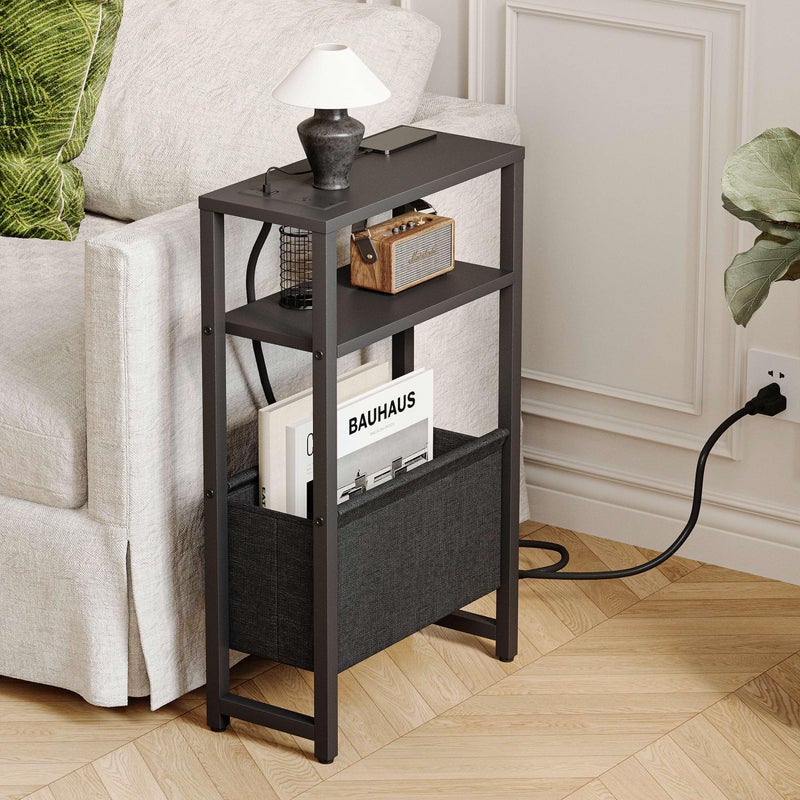 IRCPEN Narrow Side Table with Charging Station, Slim End Table with Magazine Rack, Bedside Table for Small Spaces, 3 Tier Sofa Couch Table Nightstand for Living Room, Bedroom, Black LET503BE - Image 2