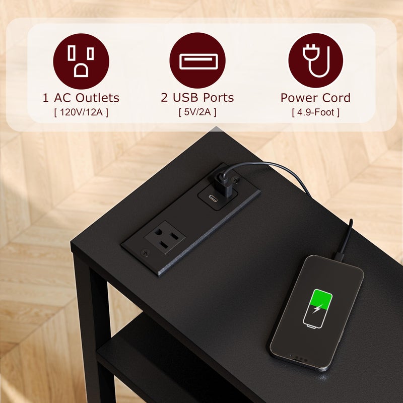 IRCPEN Narrow Side Table with Charging Station, Slim End Table with Magazine Rack, Bedside Table for Small Spaces, 3 Tier Sofa Couch Table Nightstand for Living Room, Bedroom, Black LET503BE - Image 4