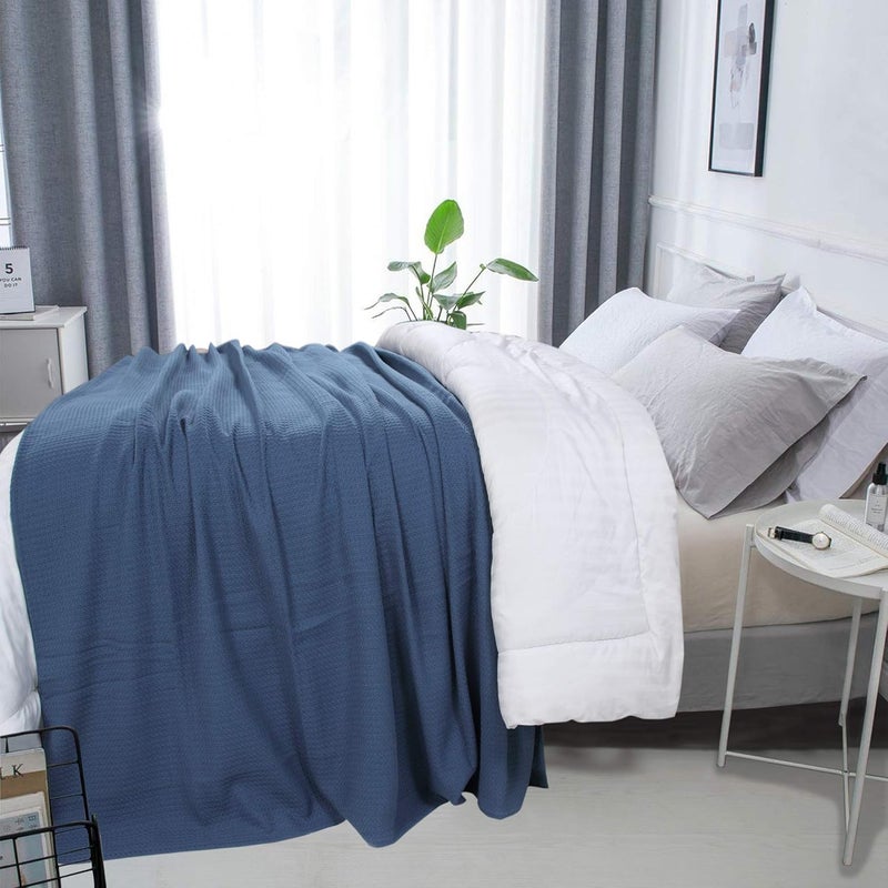 DOLLCENT 100% Soft Premium Combed Cotton Thermal Blanket Queen Blanket Soft Cozy Warm Cotton Blanket Bed Throw Blanket Queen Bed Blankets All Season Cotton Blankets Navy Queen Cotton Blankets - Image 3