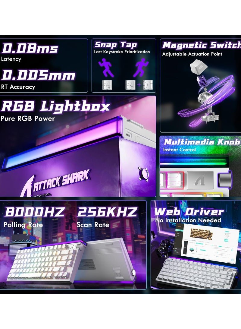 هجوم القرش لوحة مفاتيح الألعاب الميكانيكية R85HE السلكية بتقنية Hall Effect Rapid Trigger RGB، مزودة بمستشعرات 8K، ودقة استجابة 0.05 مم، وزمن استجابة 0.08 مللي ثانية، ومفاتيح مغناطيسية، وخمس طبقات عازلة للصوت، وبرنامج تشغيل للكمبيوتر (لون أبيض محيطي). - Image 2