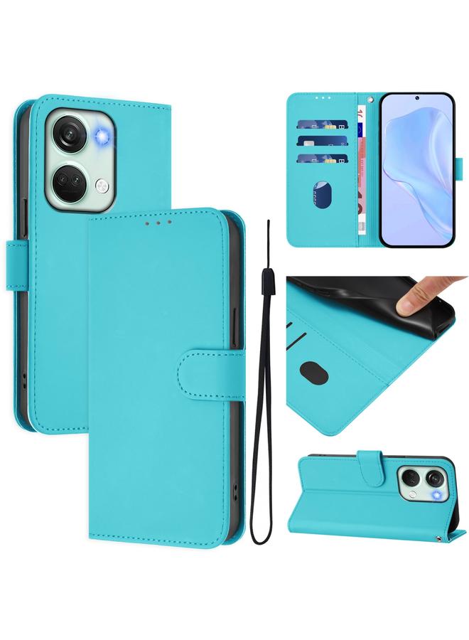Zaboon For OnePlus Nord 3 / Ace 2V Skin Feel Solid Color Leather Phone Case with Lanyard(Lake Blue)