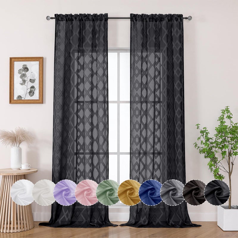 OWENIE OWENIE Black Sheer Curtains Tier 36 Inch Length 2 Panels Set  Elegant Clip Short Curtains for Small Window  Light Filtering Geometric Jacquard Textured Short Curtains for Windows  42x36 Inches - Image 4