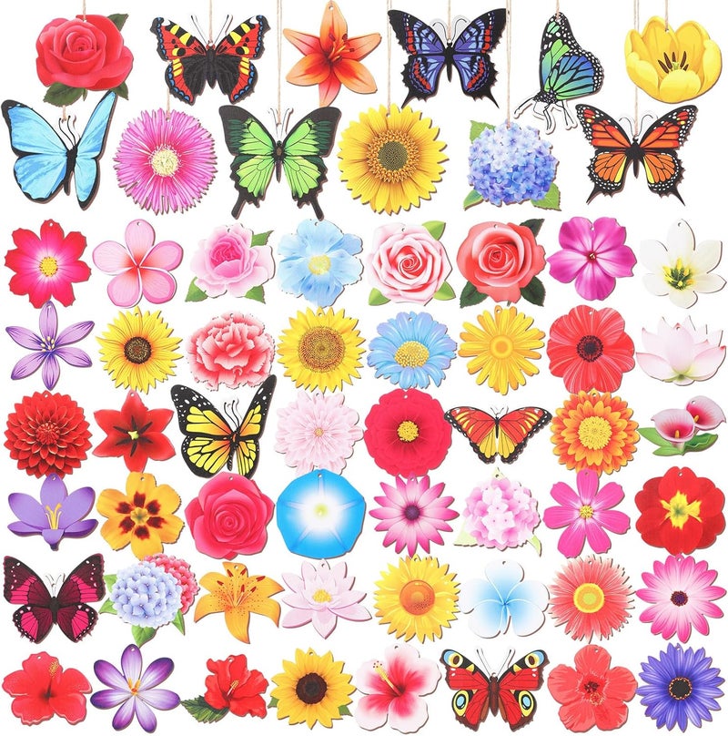 Colingmill 60 Pack Spring Ornaments for Tree 3.15in Wood Flower Butterfly Ornaments Summer Wooden Ornaments Wooden Hanging Tree Ornaments Tree Decorations for Small Tree Spring Summer Party Decor - Image 1