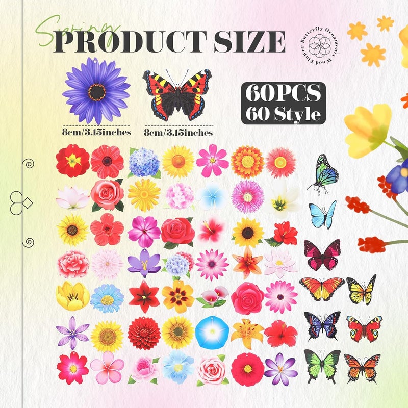 Colingmill 60 Pack Spring Ornaments for Tree 3.15in Wood Flower Butterfly Ornaments Summer Wooden Ornaments Wooden Hanging Tree Ornaments Tree Decorations for Small Tree Spring Summer Party Decor - Image 2