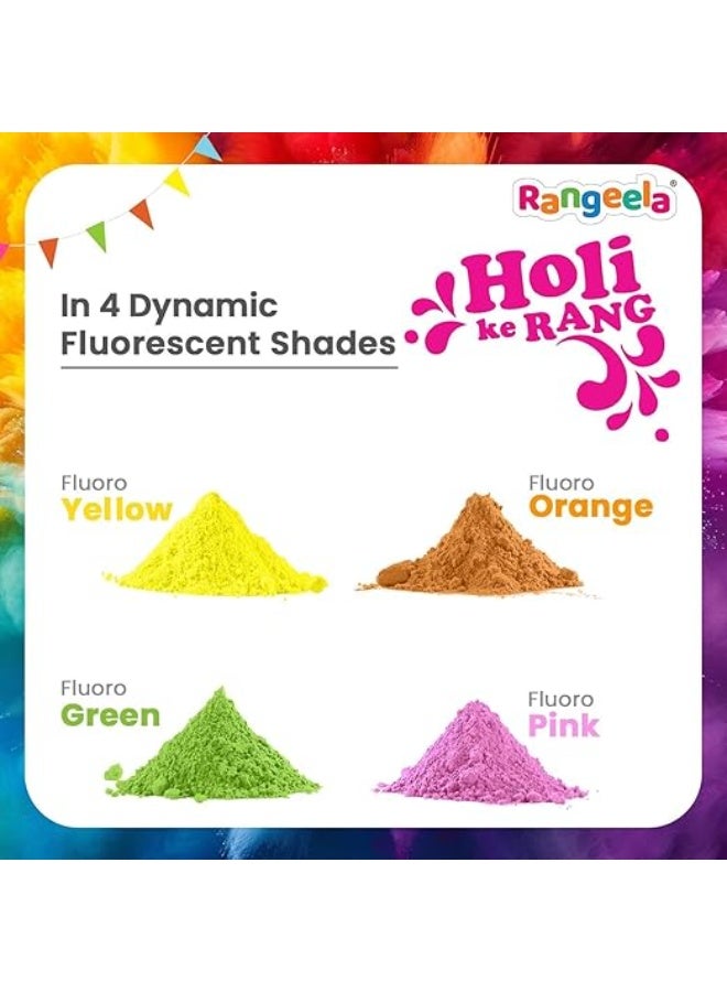 Pidilite Rangeela Holi Ke Rang - 4 Fluorescent Shades of Holi Colours(Floro Pink,Yellow, Orange,Green), Non-Toxic Colours, Soft & Smooth on skin, Washable, Easy to Remove, 240g, Pack of 1 - Image 4