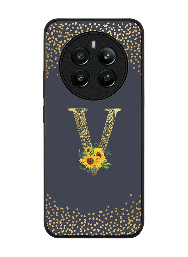 Stylizedd Rugged Black edge case for Realme 12 Plus 5G / Realme 12 4G, Slim fit Case Cover - Custom Monogram Initial Letter Floral Pattern Alphabet - V (Grey ) - Image 1