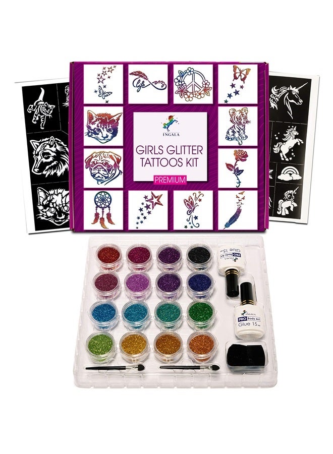 INGALA PREMIUM Temporary Glitter Tattoos Kit for Girls - 74 Premium Glitter Tattoos Stencils, 2 X 15ml Premium Body Glue, 16 X 5g Stunning Glitters for Girls, Teenage and Woman (For Girls) - Image 1