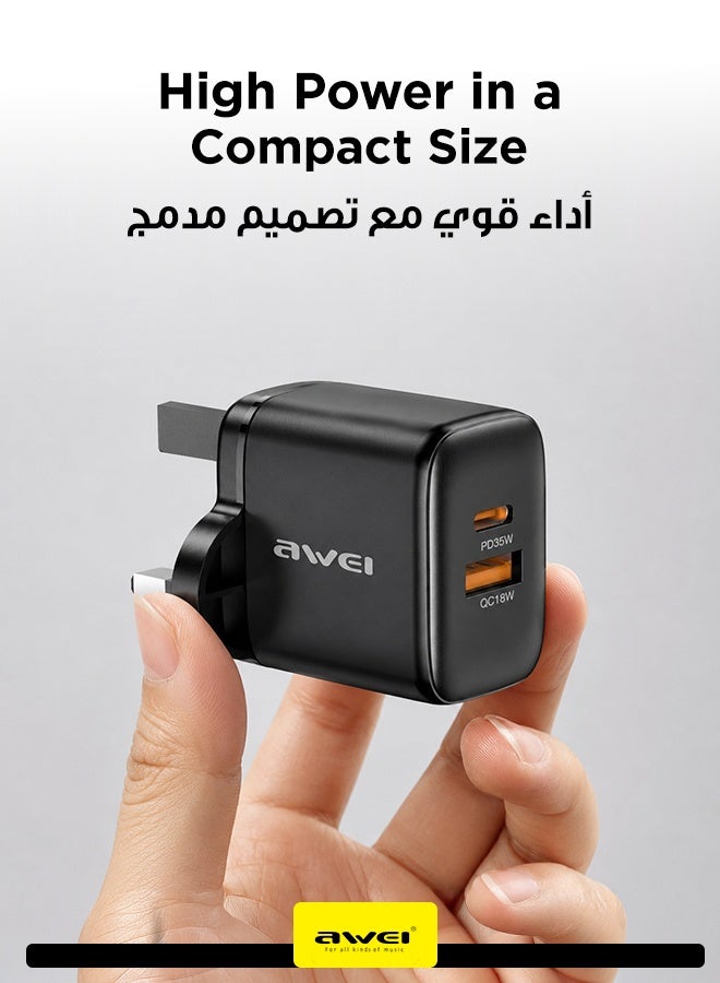 أوي شاحن حائط 35W مع كابل USB-C إلى USB-C ومقبس بريطاني - شاحن حائط مزدوج المنافذ (USB-C + USB-A) مع تقنية GaN، شحن سريع لسلسلة iPhone 17/16/15/14، سلسلة Samsung Galaxy S23/S22/S21، iPad Pro، AirPods، Huawei والمزيد، تصميم مدمج وصديق للسفر - Image 4