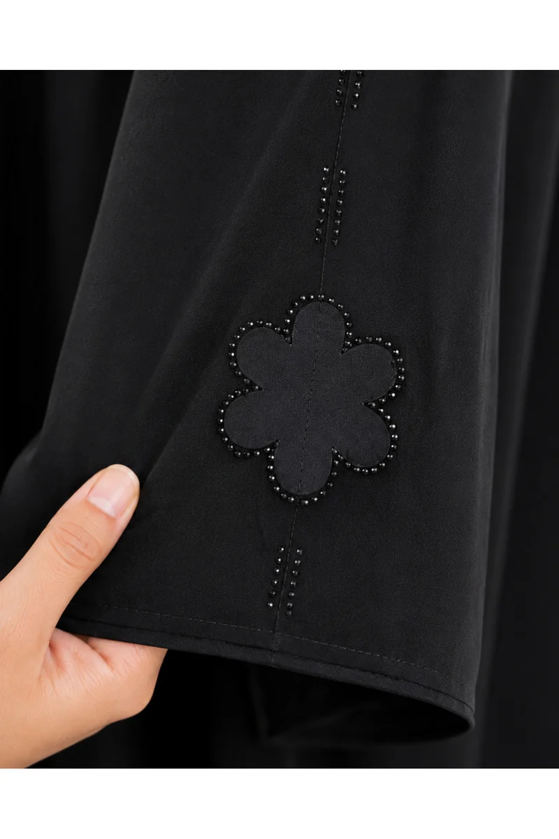 Kavalee Women's Elegant Black Floral Embellished Abaya with Beaded Detail