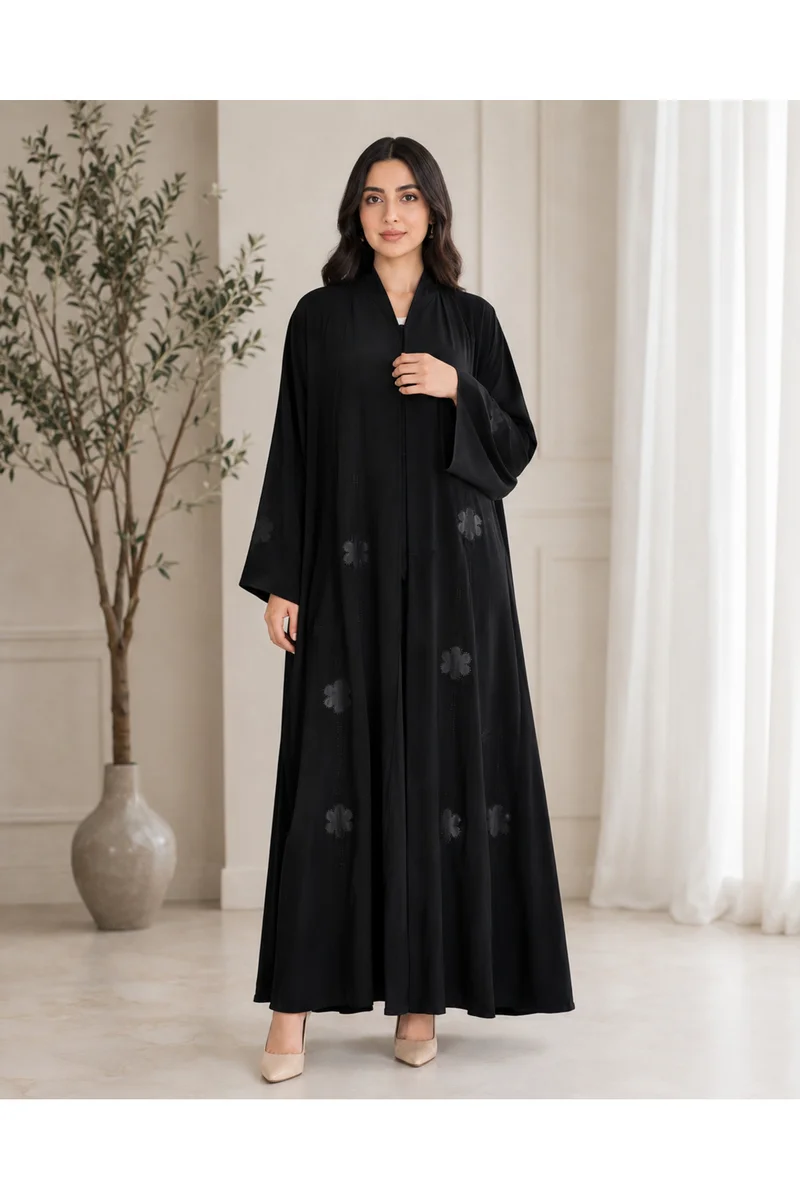 Kavalee Women's Elegant Black Floral Embellished Abaya with Beaded Detail