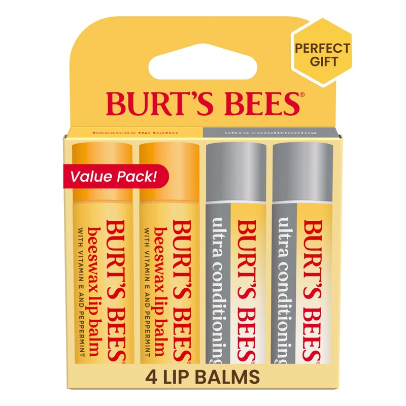 Burt's Bees Lip Balm Beeswax and Ultra Conditioning Lip Balm Pack, Hydrating Lip Moisturizer with Kokum and Shea Butter, Natural Origin Lip Care, 4 Tubes, 0.15oz. - Image 1