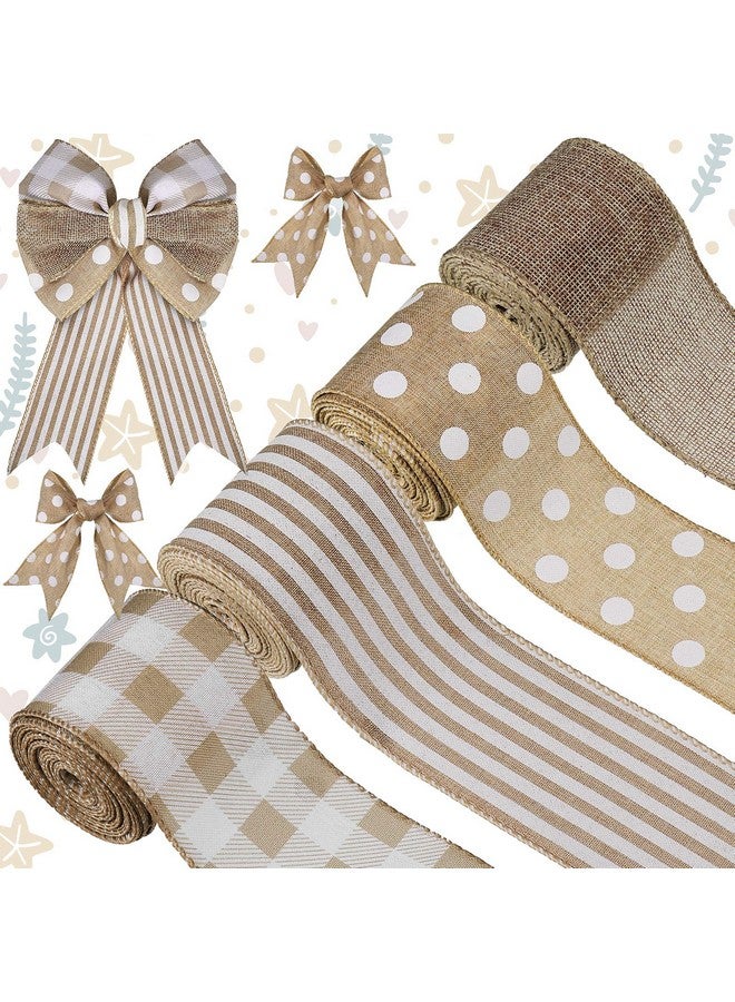 Mtlee 4 Rolls Burlap Fabric Ribbon Burlap Edge Ribbon White Dot Plaid Stripe Ribbon Rustic Farmhouse Craft Ribbon For Diy Present Wrapping Wreath Floral Bow Craft Decor 2.5 Inch X 20 Yard (Gray) - Image 2