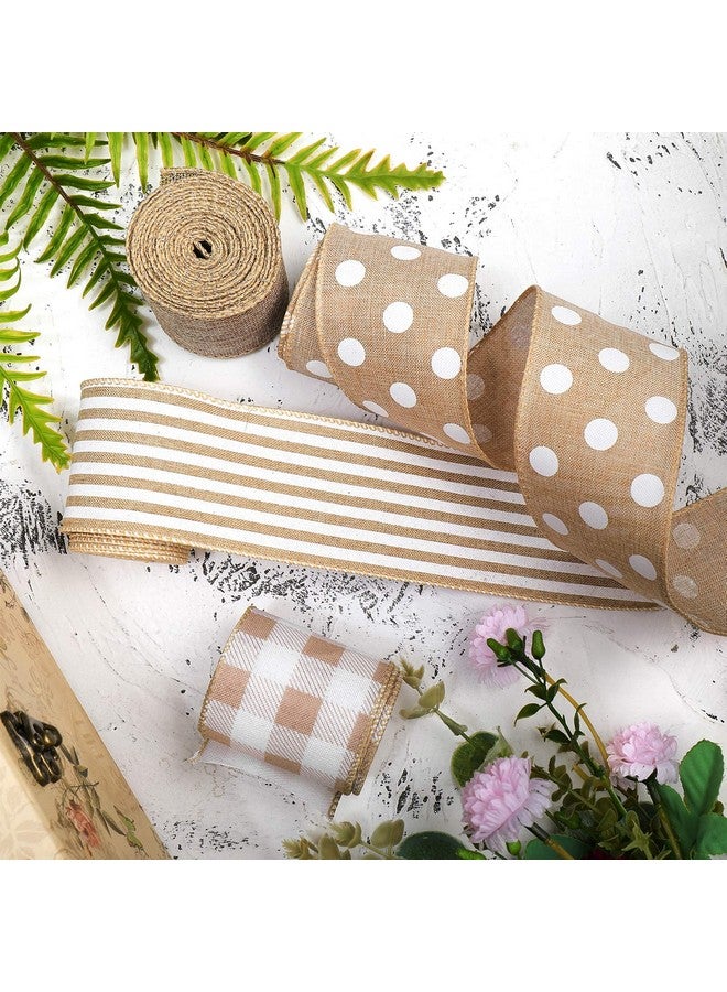 Mtlee 4 Rolls Burlap Fabric Ribbon Burlap Edge Ribbon White Dot Plaid Stripe Ribbon Rustic Farmhouse Craft Ribbon For Diy Present Wrapping Wreath Floral Bow Craft Decor 2.5 Inch X 20 Yard (Gray) - Image 5
