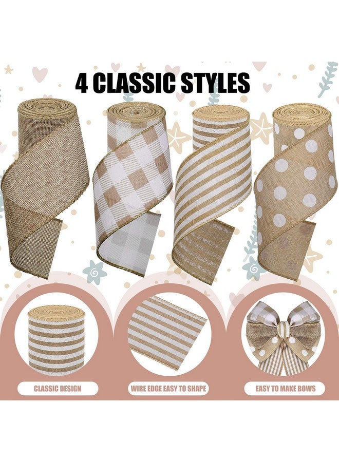 Mtlee 4 Rolls Burlap Fabric Ribbon Burlap Edge Ribbon White Dot Plaid Stripe Ribbon Rustic Farmhouse Craft Ribbon For Diy Present Wrapping Wreath Floral Bow Craft Decor 2.5 Inch X 20 Yard (Gray) - Image 4